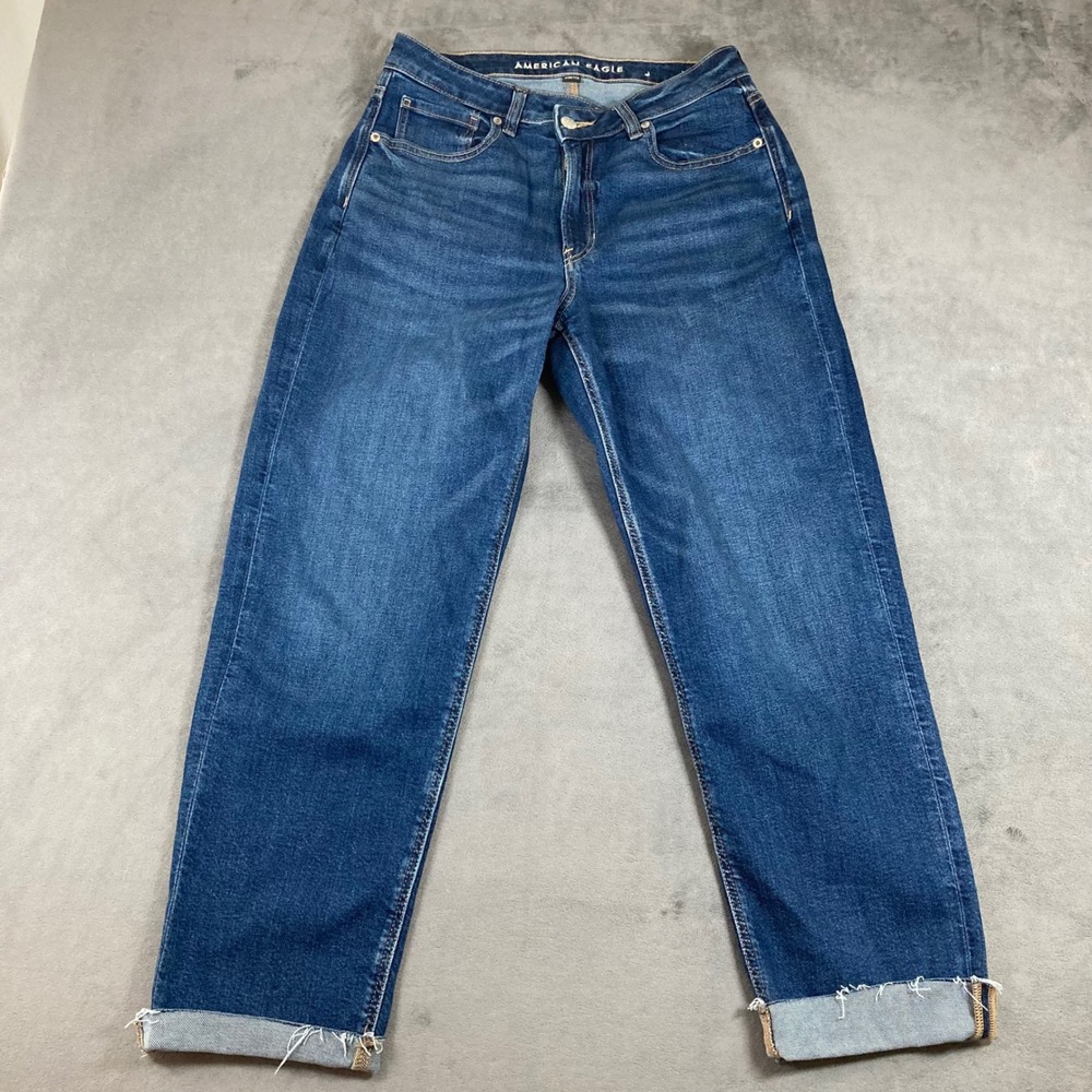 American Eagle Mom Straight cross over button Jeans Fray cuffed hem Size 6